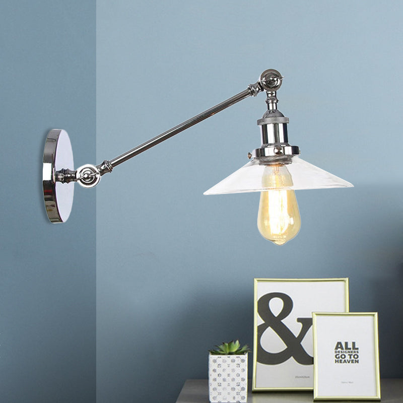 BowLift | 1 Light Indoor Wall Lamp Vintage Black/Brass/Bronze Lighting Fixture with Cone Transparent Glass Shade, 8"/12" L Arm