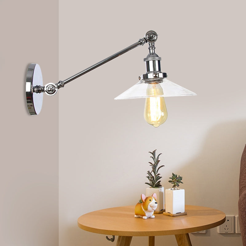 BowLift | 1 Light Indoor Wall Lamp Vintage Black/Brass/Bronze Lighting Fixture with Cone Transparent Glass Shade, 8"/12" L Arm