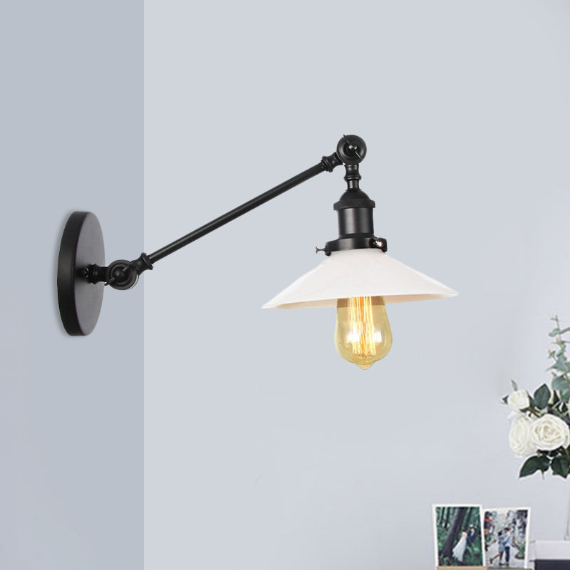 BowLift | Industrial Conical Wall Lamp 1 Light Opal Glass Wall Lamp in Black/Copper/Brass with Arm, 8"/12" L