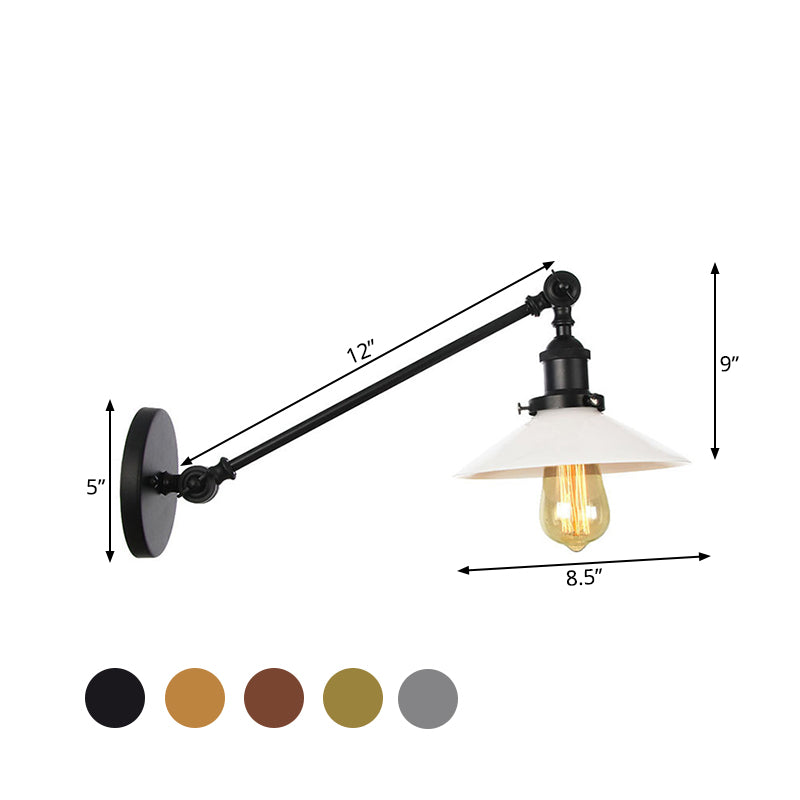 BowLift | Industrial Conical Wall Lamp 1 Light Opal Glass Wall Lamp in Black/Copper/Brass with Arm, 8"/12" L