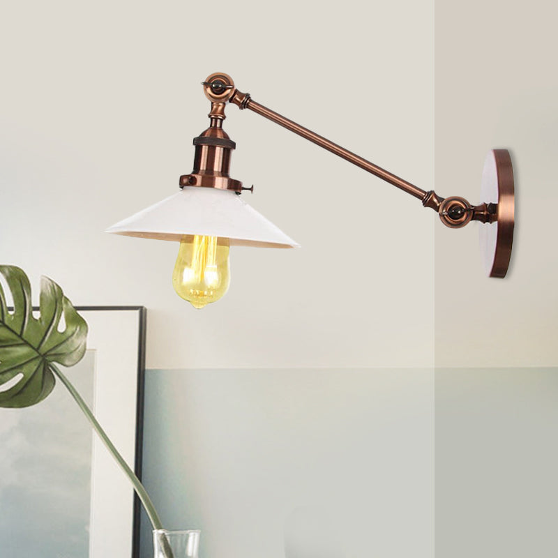BowLift | Industrial Conical Wall Lamp 1 Light Opal Glass Wall Lamp in Black/Copper/Brass with Arm, 8"/12" L