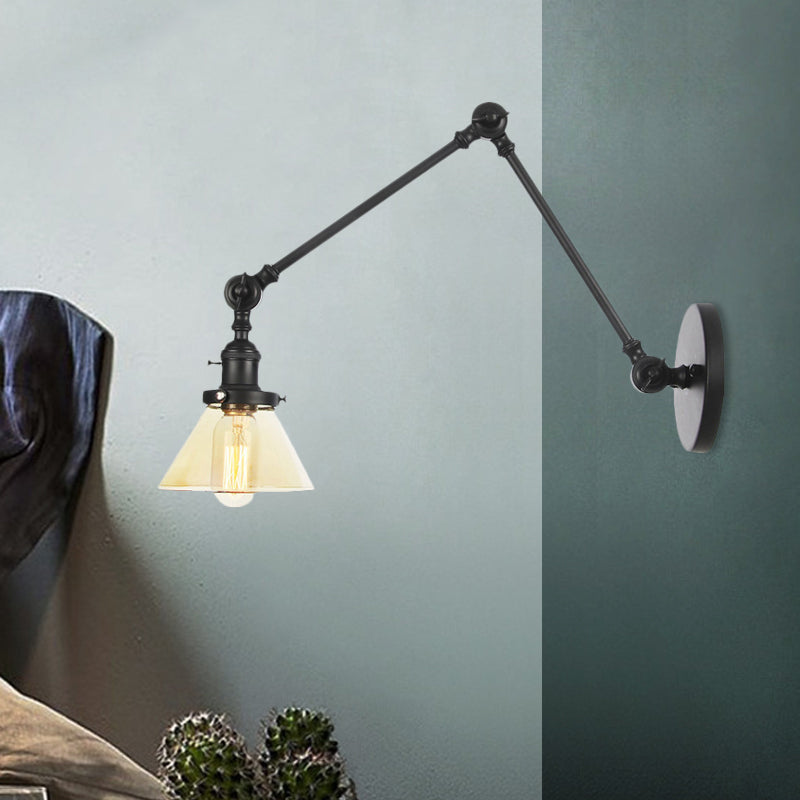 BowLift | 1 Light Wall Lamp Industrial Cone Clear/Amber Glass Wall Lamp in Black/Bronze/Brass with Adjustable Arm, 8“+8"/8"+8"+8" Long