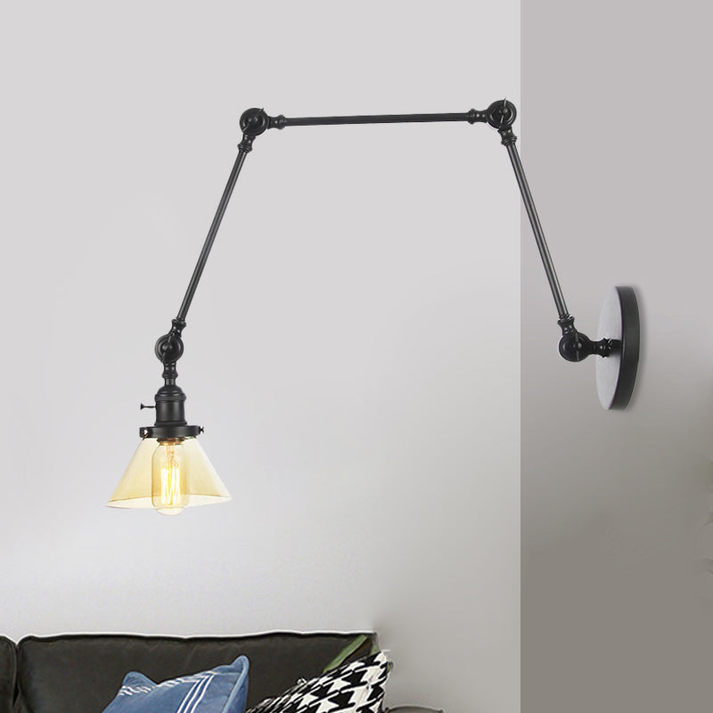 BowLift | 1 Light Wall Lamp Industrial Cone Clear/Amber Glass Wall Lamp in Black/Bronze/Brass with Adjustable Arm, 8“+8"/8"+8"+8" Long