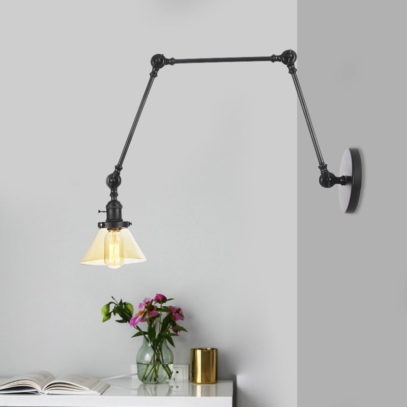 BowLift | 1 Light Wall Lamp Industrial Cone Clear/Amber Glass Wall Lamp in Black/Bronze/Brass with Adjustable Arm, 8“+8"/8"+8"+8" Long