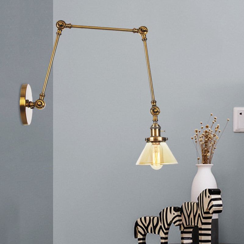 BowLift | 1 Light Wall Lamp Industrial Cone Clear/Amber Glass Wall Lamp in Black/Bronze/Brass with Adjustable Arm, 8“+8"/8"+8"+8" Long