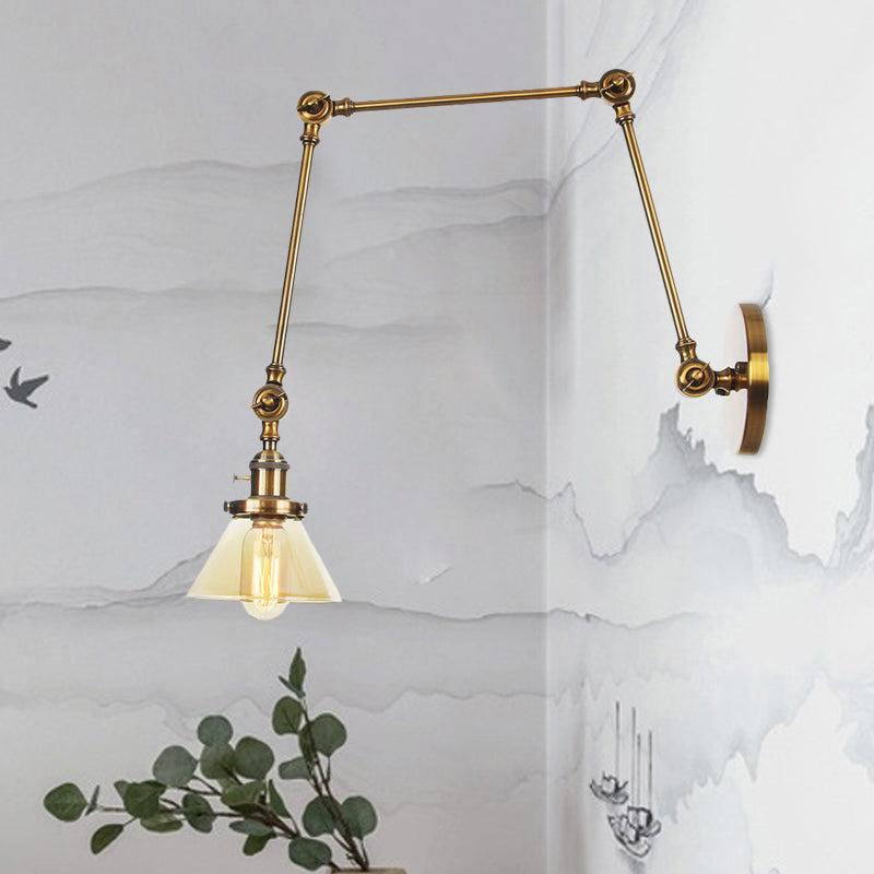 BowLift | 1 Light Wall Lamp Industrial Cone Clear/Amber Glass Wall Lamp in Black/Bronze/Brass with Adjustable Arm, 8“+8"/8"+8"+8" Long
