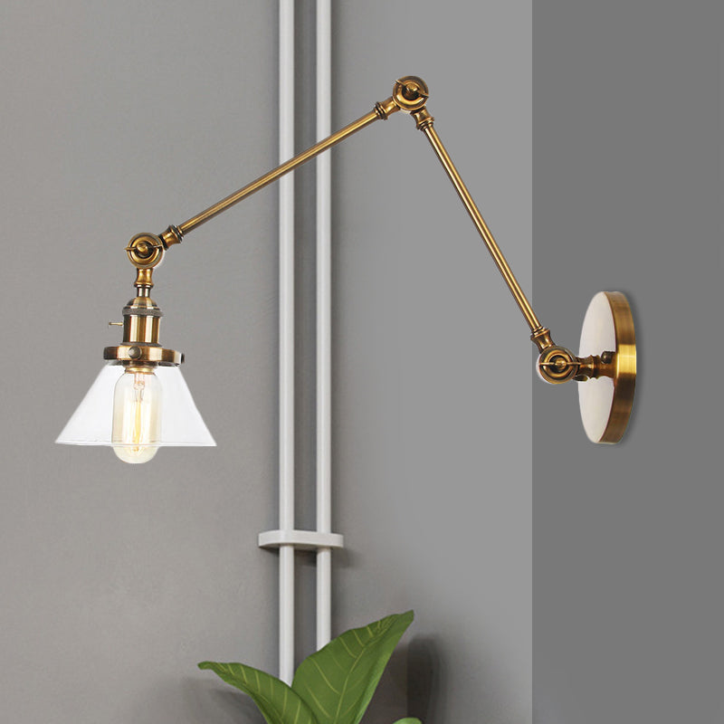 BowLift | 1 Light Wall Lamp Industrial Cone Clear/Amber Glass Wall Lamp in Black/Bronze/Brass with Adjustable Arm, 8“+8"/8"+8"+8" Long