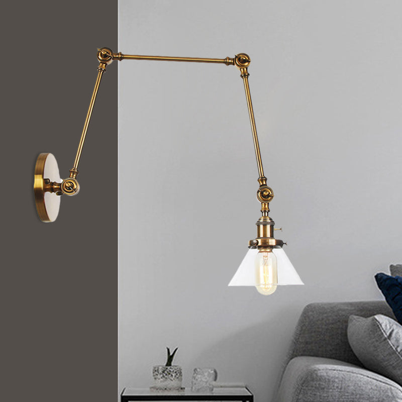 BowLift | 1 Light Wall Lamp Industrial Cone Clear/Amber Glass Wall Lamp in Black/Bronze/Brass with Adjustable Arm, 8“+8"/8"+8"+8" Long