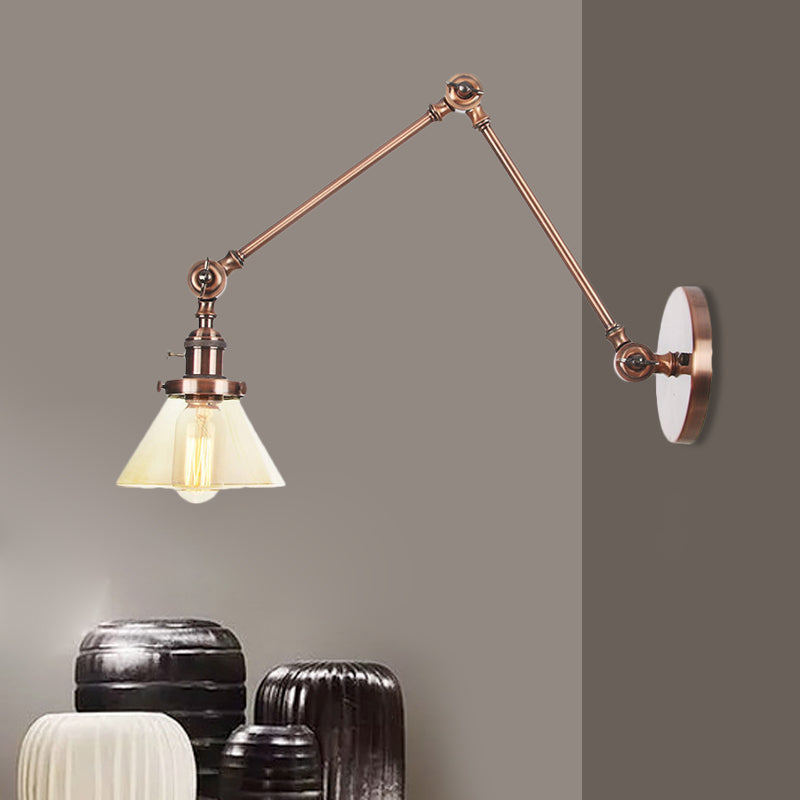 BowLift | 1 Light Wall Lamp Industrial Cone Clear/Amber Glass Wall Lamp in Black/Bronze/Brass with Adjustable Arm, 8“+8"/8"+8"+8" Long