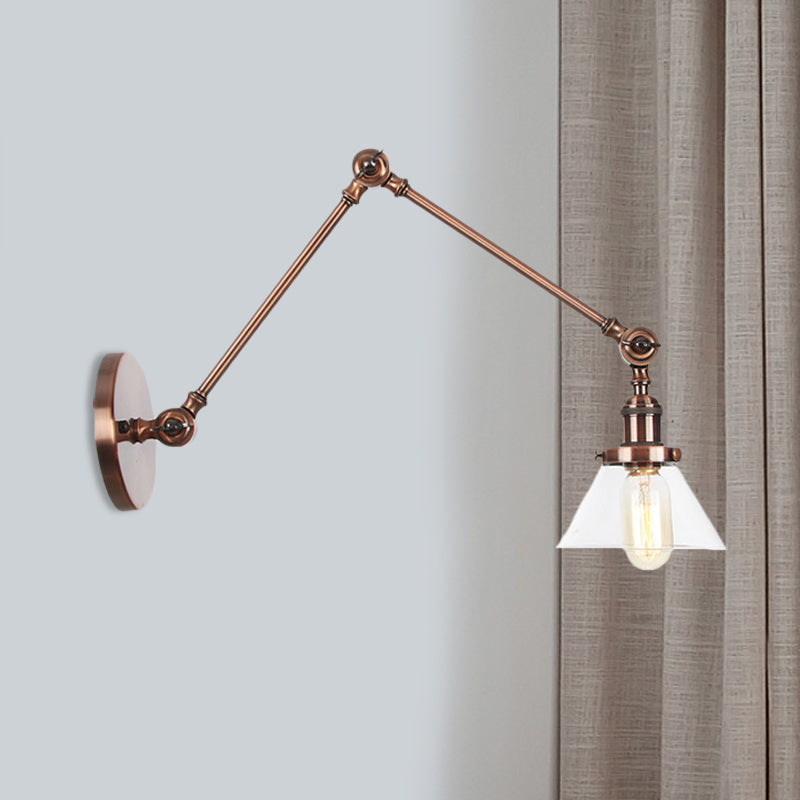 BowLift | 1 Light Wall Lamp Industrial Cone Clear/Amber Glass Wall Lamp in Black/Bronze/Brass with Adjustable Arm, 8“+8"/8"+8"+8" Long