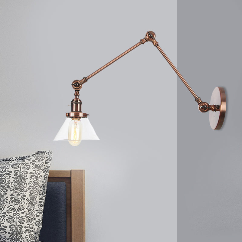 BowLift | 1 Light Wall Lamp Industrial Cone Clear/Amber Glass Wall Lamp in Black/Bronze/Brass with Adjustable Arm, 8“+8"/8"+8"+8" Long