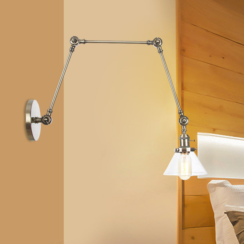 BowLift | 1 Light Wall Lamp Industrial Cone Clear/Amber Glass Wall Lamp in Black/Bronze/Brass with Adjustable Arm, 8“+8"/8"+8"+8" Long