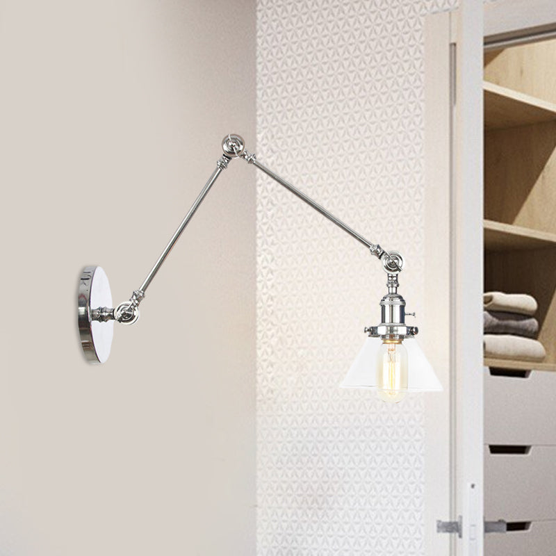 BowLift | 1 Light Wall Lamp Industrial Cone Clear/Amber Glass Wall Lamp in Black/Bronze/Brass with Adjustable Arm, 8“+8"/8"+8"+8" Long