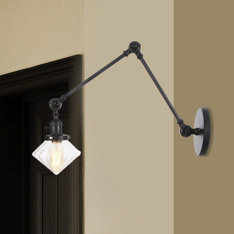 BowLift | 1 Light Dining Room Wall Lamp Vintage Black/Bronze/Brass Wall Mounted Lamp with Diamond Clear/Amber Glass Shade, 8"+8"/8"+8"+8" L Adjustable Arm