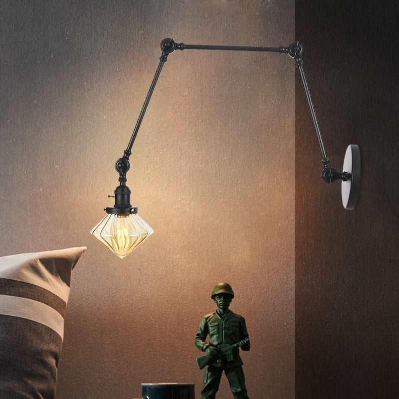 BowLift | 1 Light Dining Room Wall Lamp Vintage Black/Bronze/Brass Wall Mounted Lamp with Diamond Clear/Amber Glass Shade, 8"+8"/8"+8"+8" L Adjustable Arm