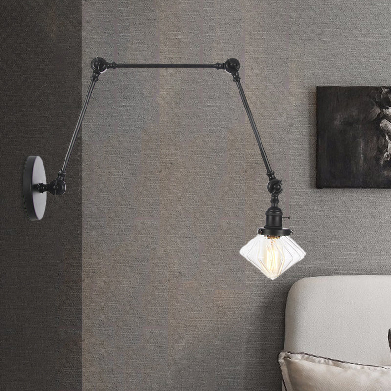 BowLift | 1 Light Dining Room Wall Lamp Vintage Black/Bronze/Brass Wall Mounted Lamp with Diamond Clear/Amber Glass Shade, 8"+8"/8"+8"+8" L Adjustable Arm