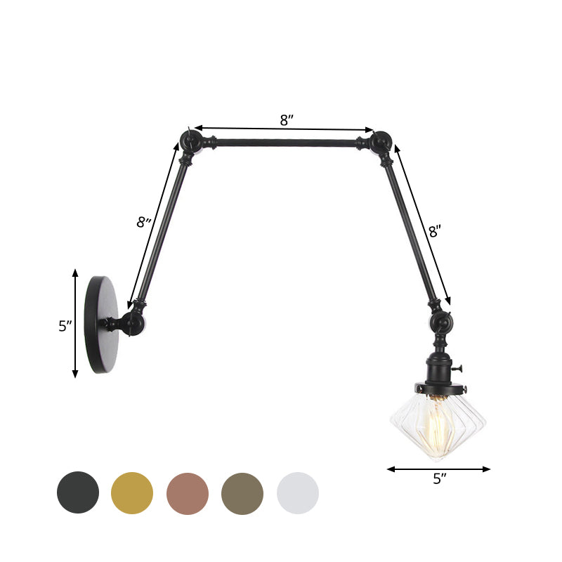 BowLift | 1 Light Dining Room Wall Lamp Vintage Black/Bronze/Brass Wall Mounted Lamp with Diamond Clear/Amber Glass Shade, 8"+8"/8"+8"+8" L Adjustable Arm