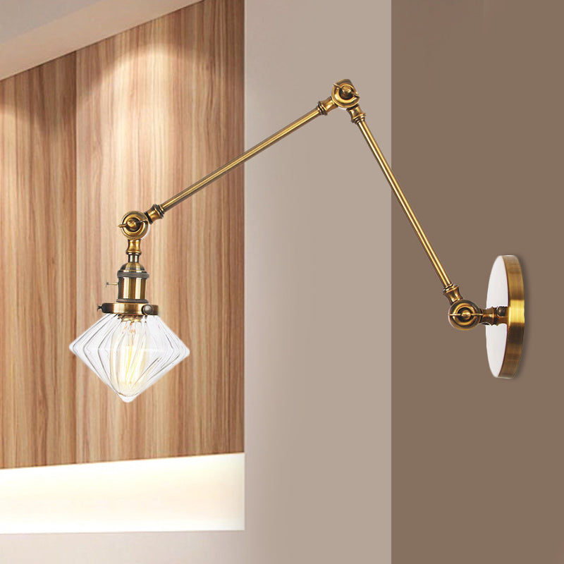 BowLift | 1 Light Dining Room Wall Lamp Vintage Black/Bronze/Brass Wall Mounted Lamp with Diamond Clear/Amber Glass Shade, 8"+8"/8"+8"+8" L Adjustable Arm