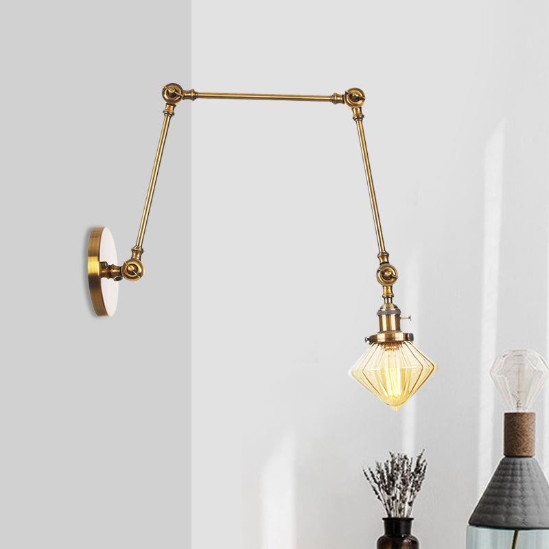 BowLift | 1 Light Dining Room Wall Lamp Vintage Black/Bronze/Brass Wall Mounted Lamp with Diamond Clear/Amber Glass Shade, 8"+8"/8"+8"+8" L Adjustable Arm