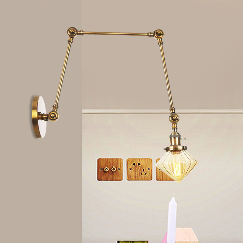 BowLift | 1 Light Dining Room Wall Lamp Vintage Black/Bronze/Brass Wall Mounted Lamp with Diamond Clear/Amber Glass Shade, 8"+8"/8"+8"+8" L Adjustable Arm