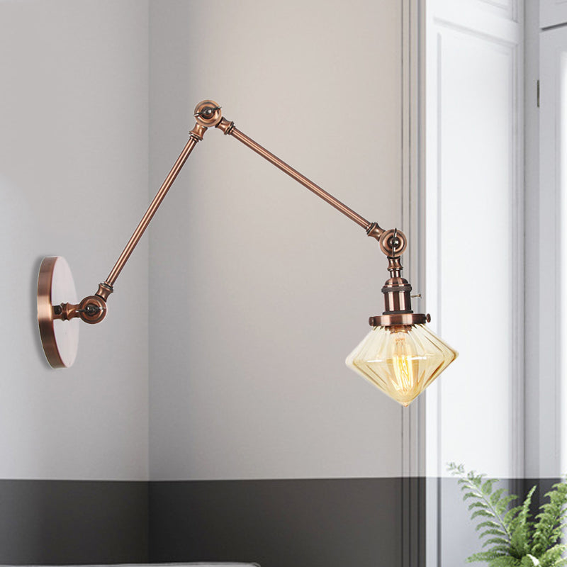 BowLift | 1 Light Dining Room Wall Lamp Vintage Black/Bronze/Brass Wall Mounted Lamp with Diamond Clear/Amber Glass Shade, 8"+8"/8"+8"+8" L Adjustable Arm