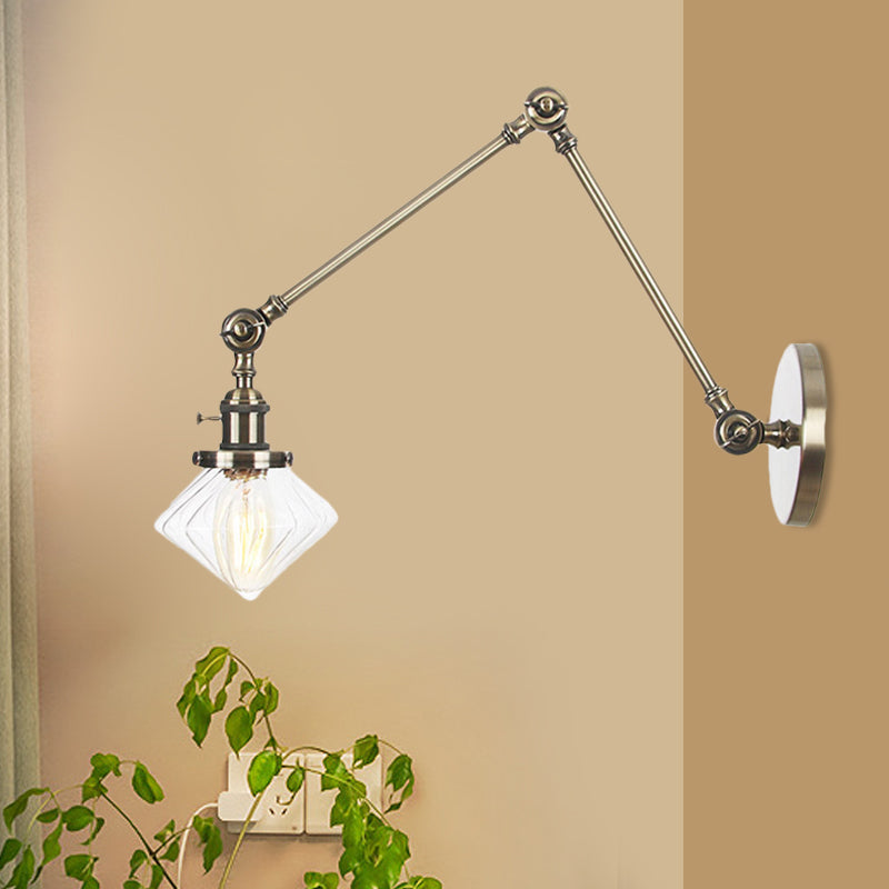 BowLift | 1 Light Dining Room Wall Lamp Vintage Black/Bronze/Brass Wall Mounted Lamp with Diamond Clear/Amber Glass Shade, 8"+8"/8"+8"+8" L Adjustable Arm