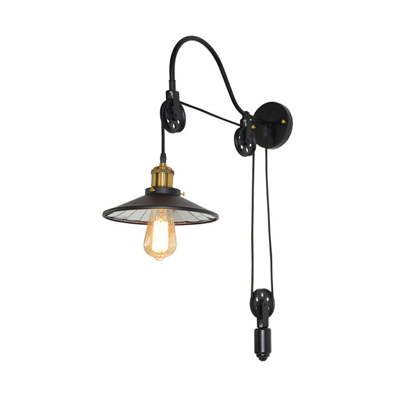 BowLift | 1 Light Flared Pulley Wall Lamp Industrial Black Metallic Sconces Lamp with Gooseneck Arm