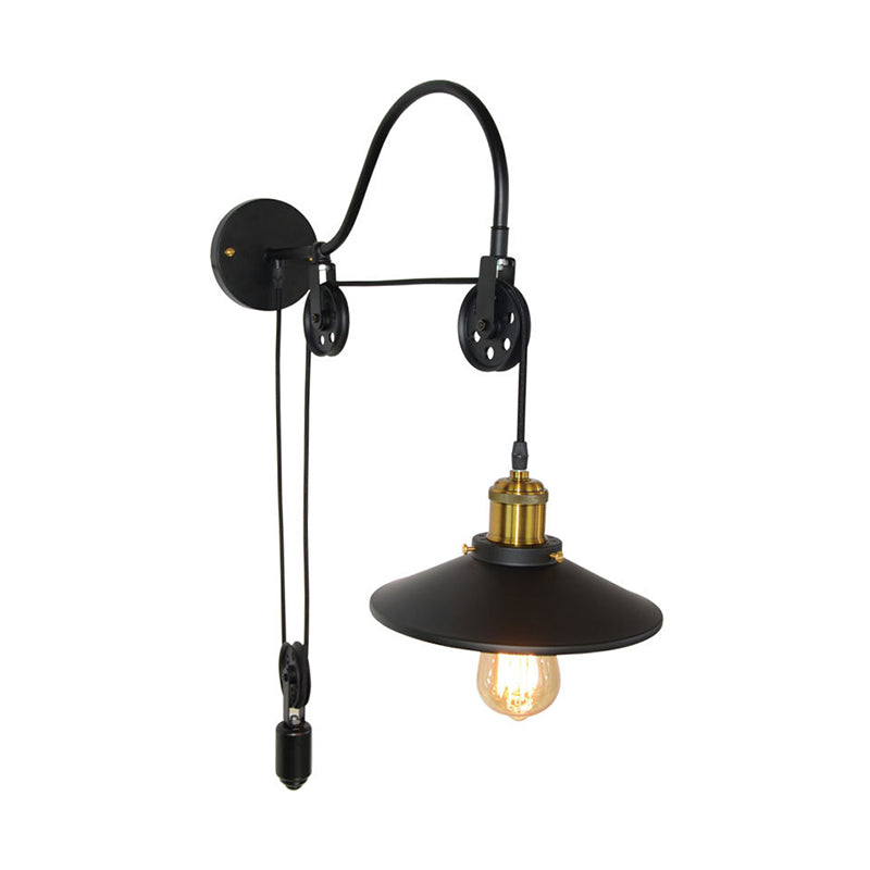 BowLift | 1 Light Flared Pulley Wall Lamp Industrial Black Metallic Sconces Lamp with Gooseneck Arm