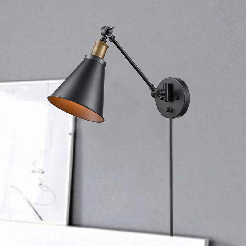 BowLift | 1 Light Bulb Iron Wall Mount Vintage Black Swing Arm Living Room Wall Light Lamp with Cone Shade