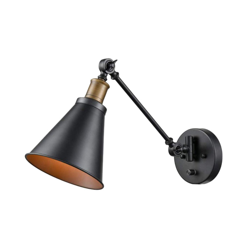BowLift | 1 Light Bulb Iron Wall Mount Vintage Black Swing Arm Living Room Wall Light Lamp with Cone Shade