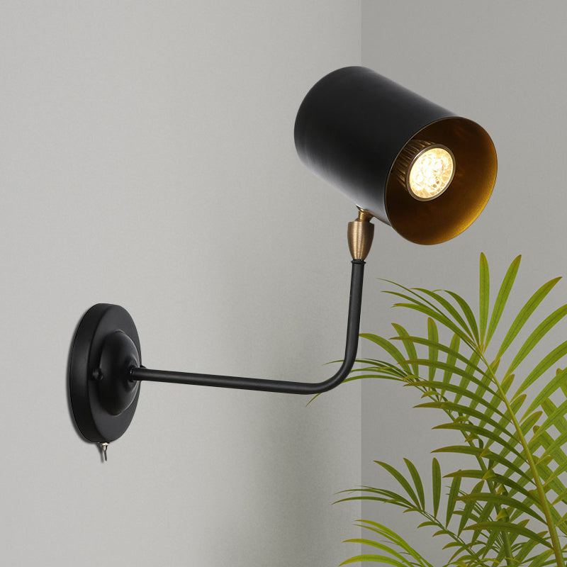 BowLift | 1 Light Sconces Lighting Fixture Industrial Cylinder Metal Wall Lamp in Black with Curved Arm for Bedside