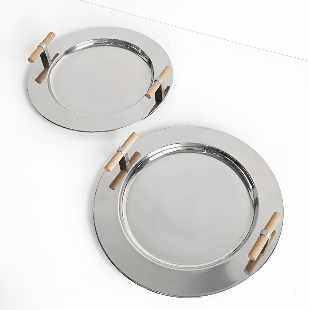 BowLift | Elegant Stainless Steel Round Tray with Wooden Handles