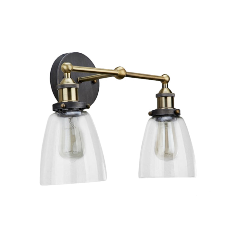 BowLift | 2 Light Tapered Sconce Lighting Fixture Industrial Antique Brass Clear Glass Wall Lamp