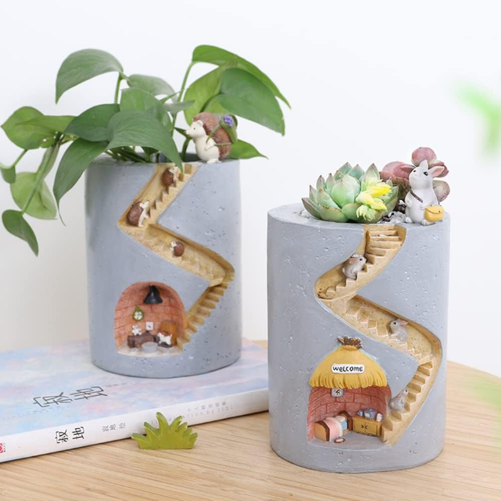 BowLift | Decorative plant pot with hedgehog and rabbit miniature – Creative staircase design for plants