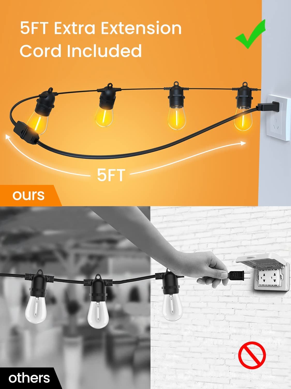 BowLift | Festoon Lights Outdoor, 53FT/16M S14 Outdoor Garden LED String Lights, IP65 Waterproof Outdoor String Lights Main Power 2700K 15+1(Replacement) Bulbs for Outdoor Patio Terrace Yard Wedding Party