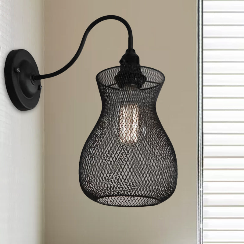 BowLift | 1 Bulb Vase Shape Wall Sconce with Mesh Shade Industrial Style Black Metal Wall Light for Hallway