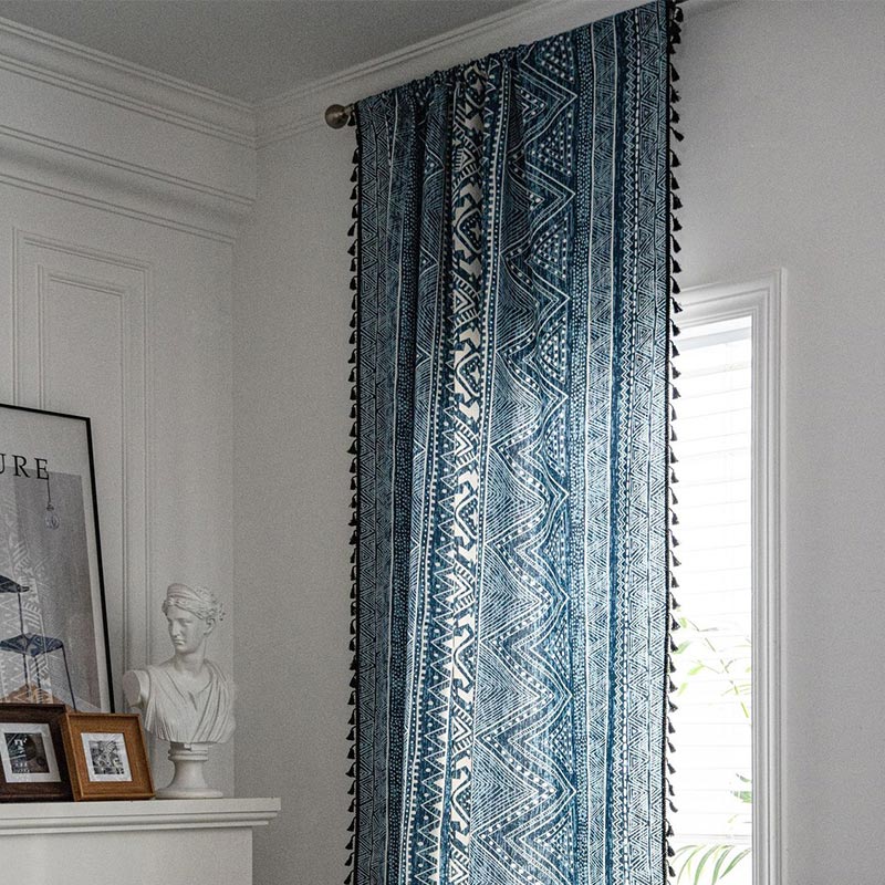 BowLift | Blue geometric pattern light-filtering curtain