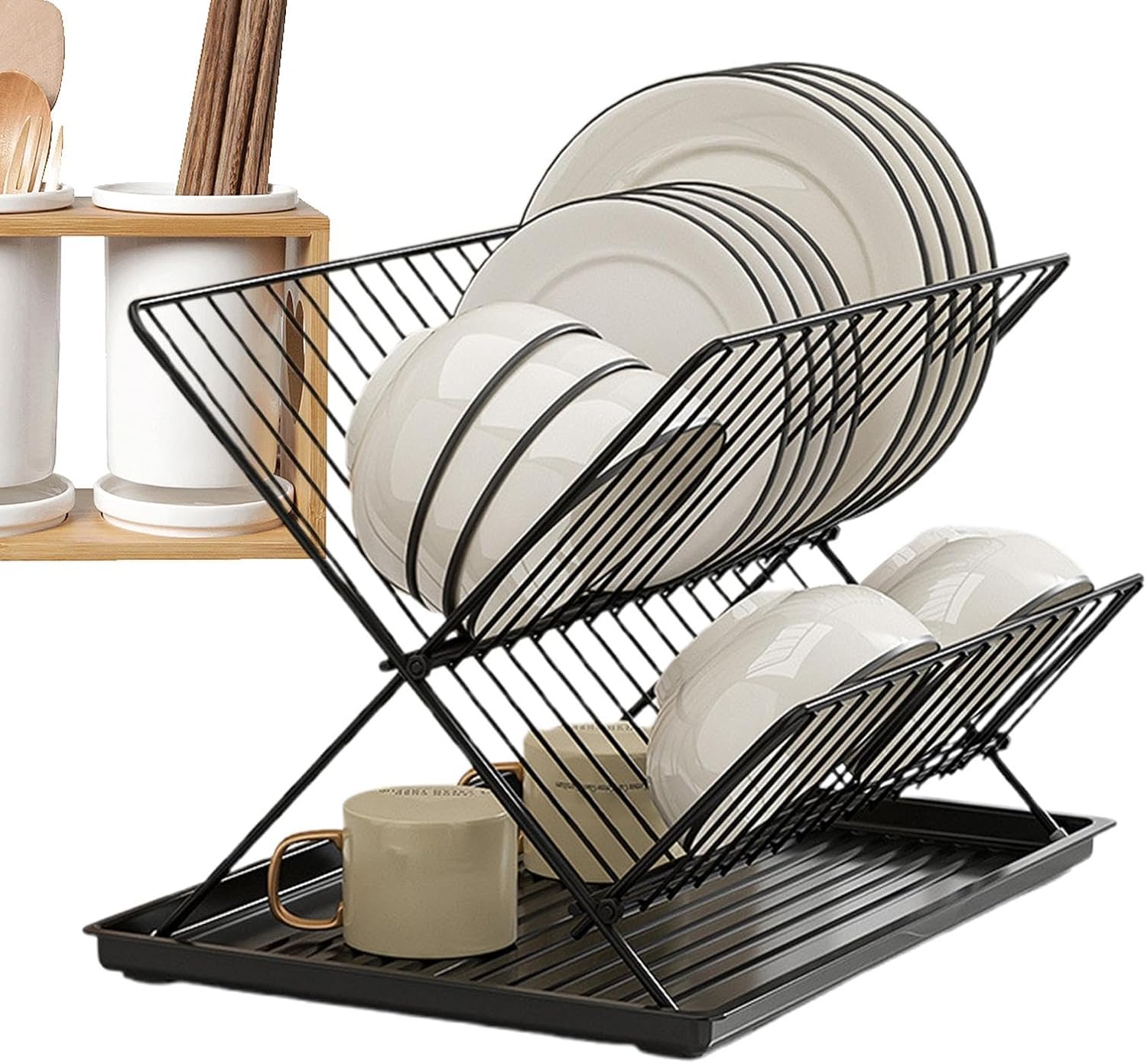 BowLift | Folding Dish Drying Rack – 2-Tier Countertop Drainer with Detachable Tray – Kelvra