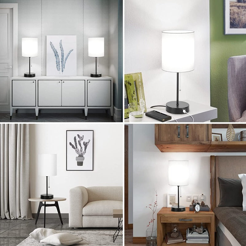 BowLift | Table lamp set of 2 with USB charging ports, gray bedside lamps with AC outlet, bedside lamps with pull switch, minimalist modern desk lamps with fabric shade for living room bedroom office