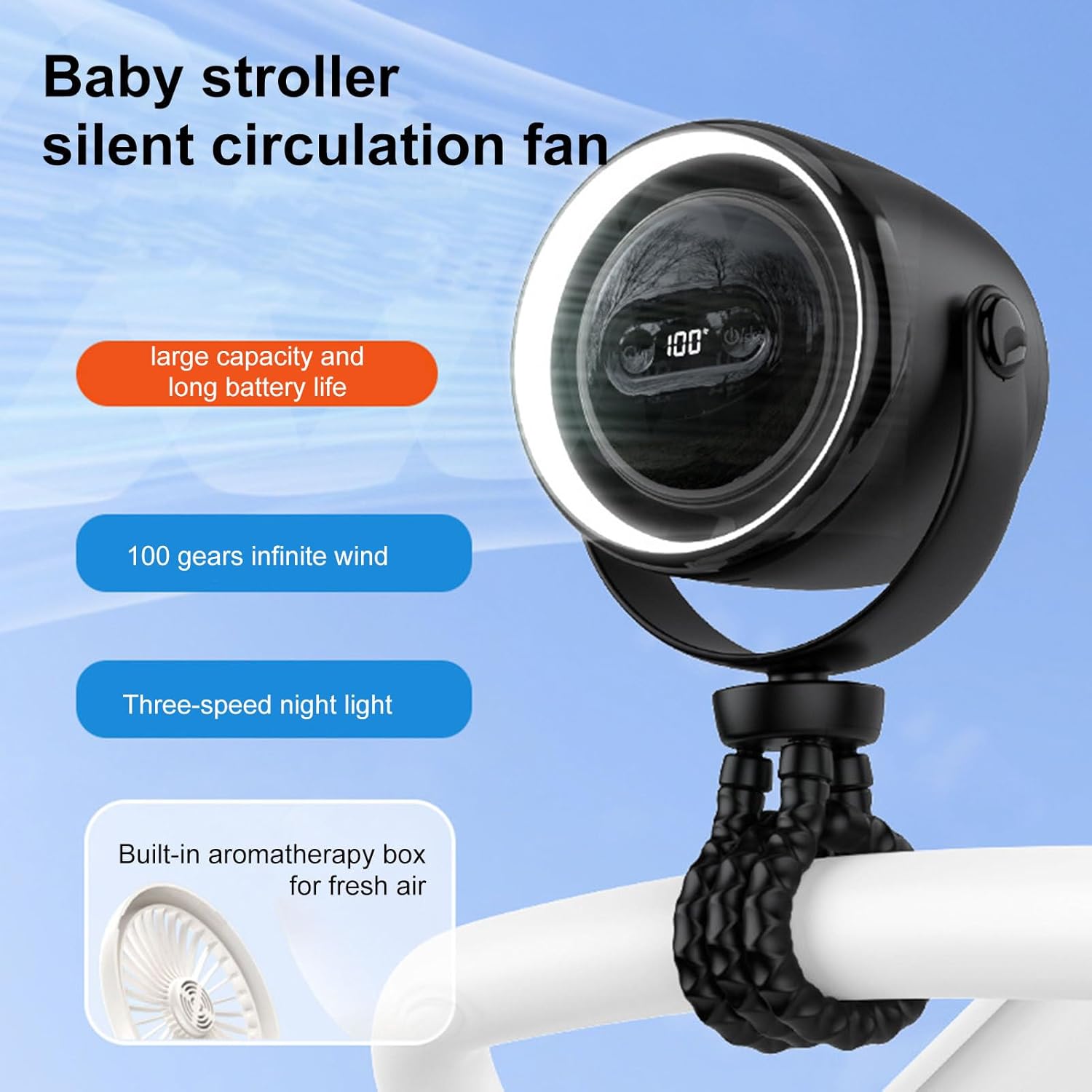 BowLift | Rechargeable Clip-On Stroller Fan with Night Light 100 Speeds
