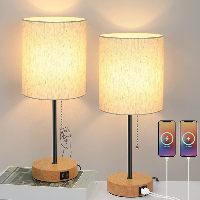 BowLift | Table lamp set of 2 with USB charging ports, gray bedside lamps with AC outlet, bedside lamps with pull switch, minimalist modern desk lamps with fabric shade for living room bedroom office
