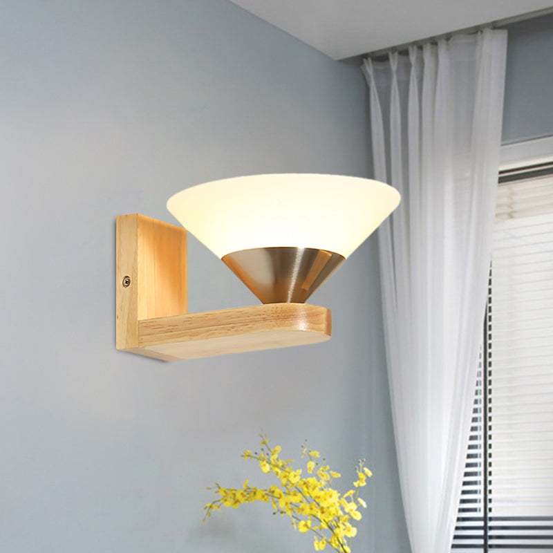 BowLift | 1 Bulb Nightstand Wall Switch Modern Wood and Nickel Wall Lamp with Cone White Glass Shade