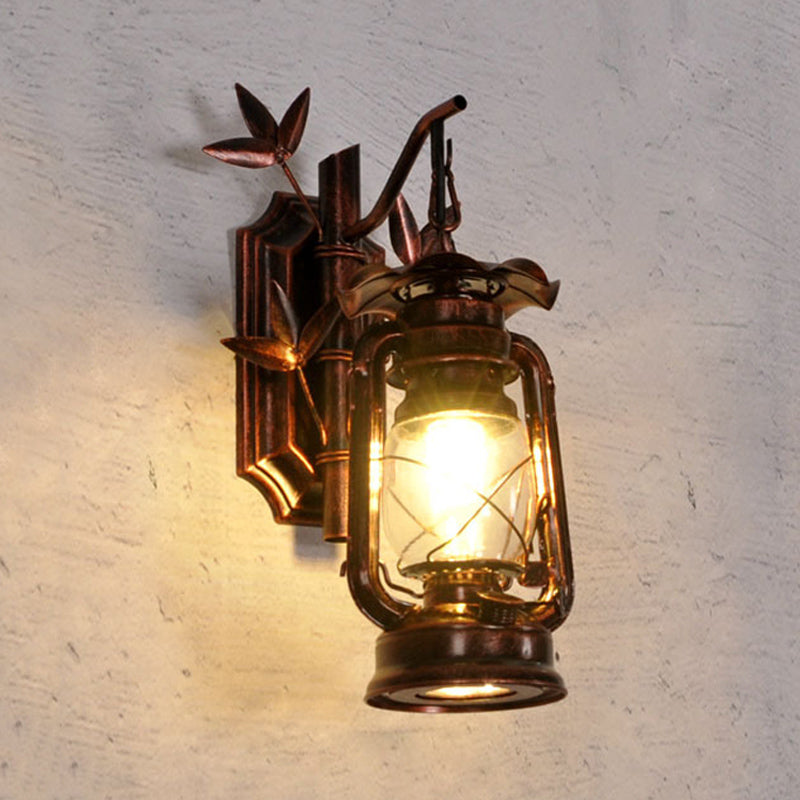 BowLift | Industrial Lantern Wall Lamp 1 Head Clear Glass Wall Plate Lighting Fixture in Bronze/Copper with Metal Bamboo Back Plate