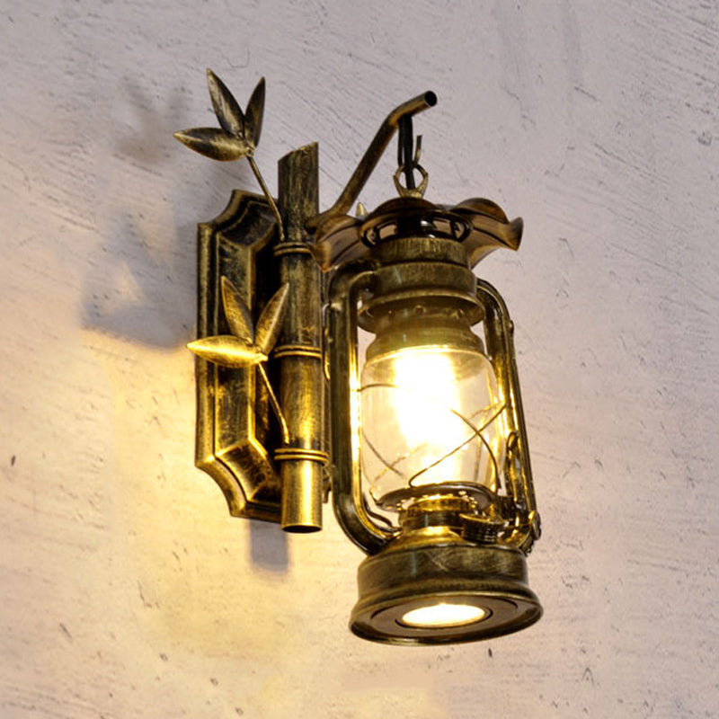 BowLift | Industrial Lantern Wall Lamp 1 Head Clear Glass Wall Plate Lighting Fixture in Bronze/Copper with Metal Bamboo Back Plate