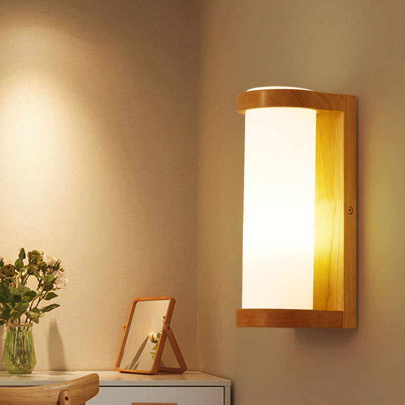 BowLift | Simple rectangular wall lamp wood 1 head corner wall embedded lamp with tubular opal glass shade