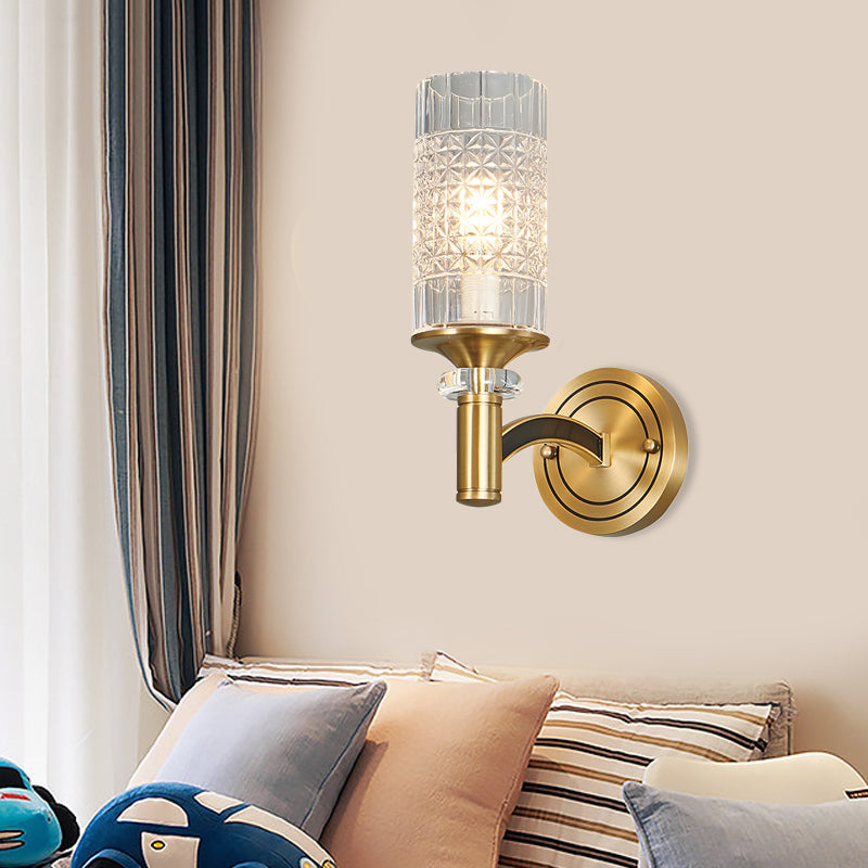 BowLift | 1/2-Head Grid Crystal Wall Light Retro Brass Cylindrical Living Room Wall Lamp Lighting