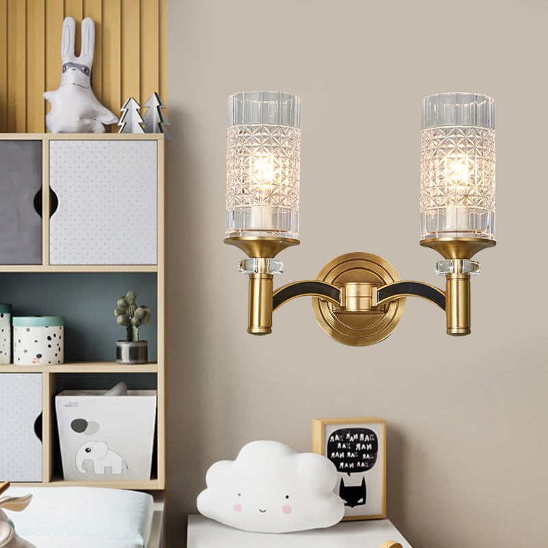BowLift | 1/2-Head Grid Crystal Wall Light Retro Brass Cylindrical Living Room Wall Lamp Lighting