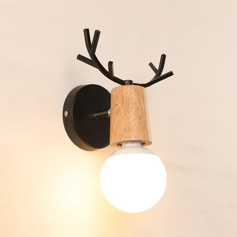 BowLift | 1 Light Bare Bulb Wall Lamp Modern Style Black/White Finish Metal and Wood Wall Lighting with Deer Side