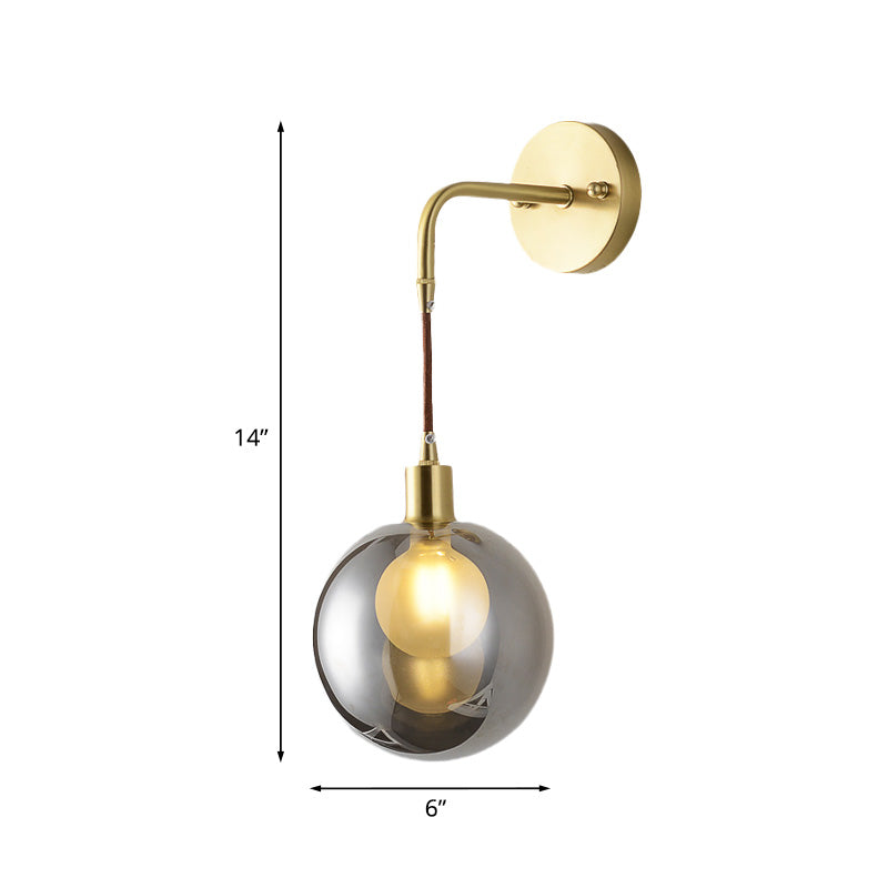 BowLift | 1 Light Corner Wall Lamp Postmodern Brass Finish Wall Mounted Lamp with Orb Smoke Gray Glass Shade