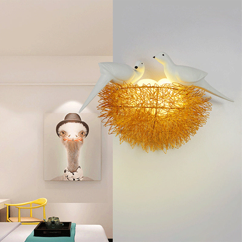 BowLift | Gold Finish Bird Nest Flush Wall Sconce Art Deco 3 Lights Metal LED Wall Lamp with White Bird Decor